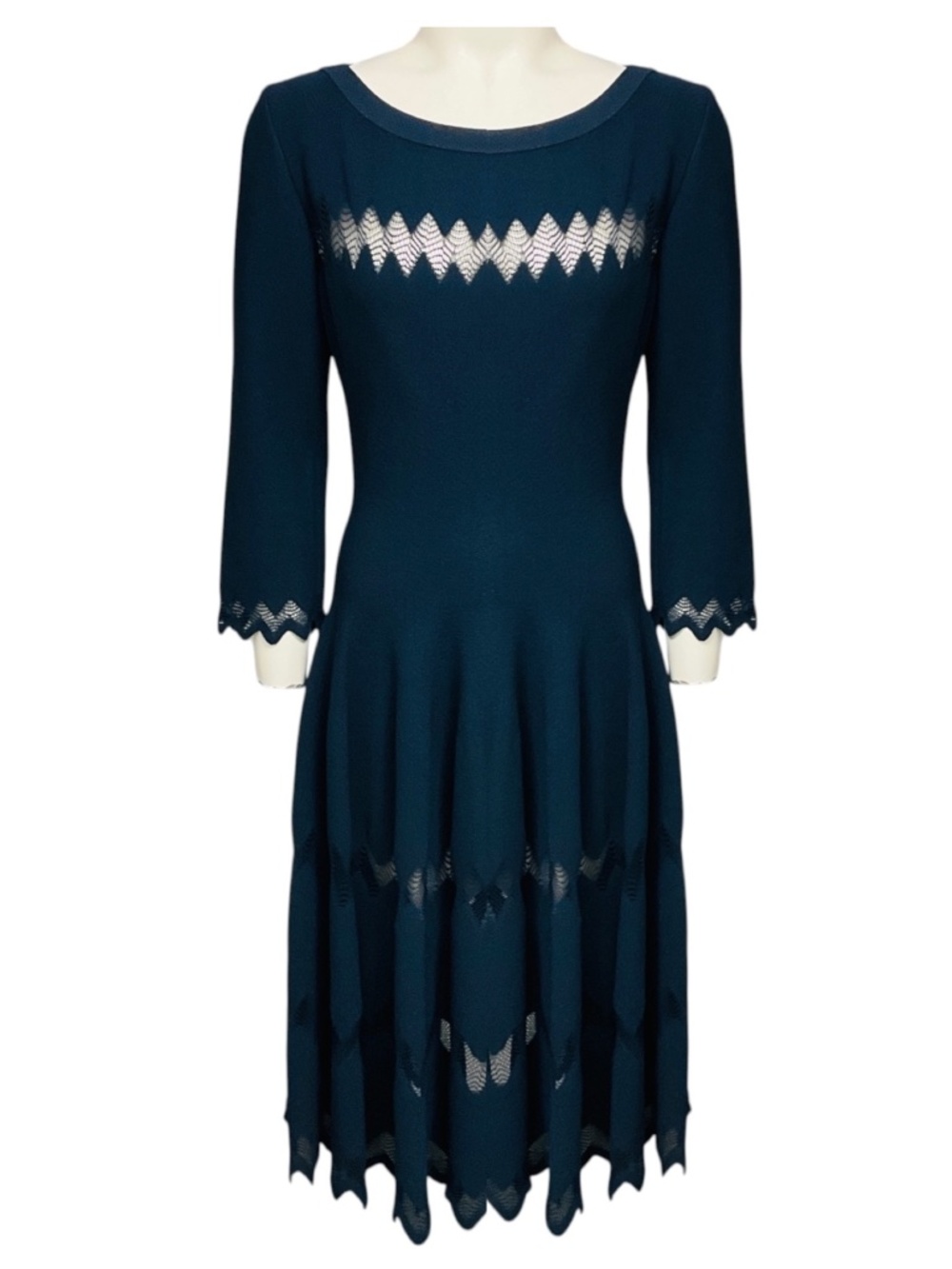 ALAIA SLATE BLUE ZIG ZAG MESH DETAILED VISCOSE KNIT MIDI DRESS